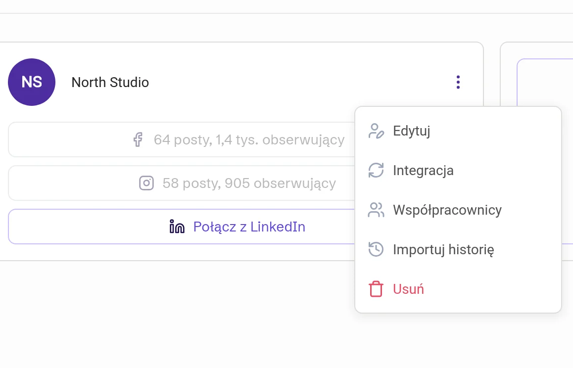 Menu karty profilu z opcjami Edytuj, Integracja, Współpracownicy, Importuj historię i Usuń