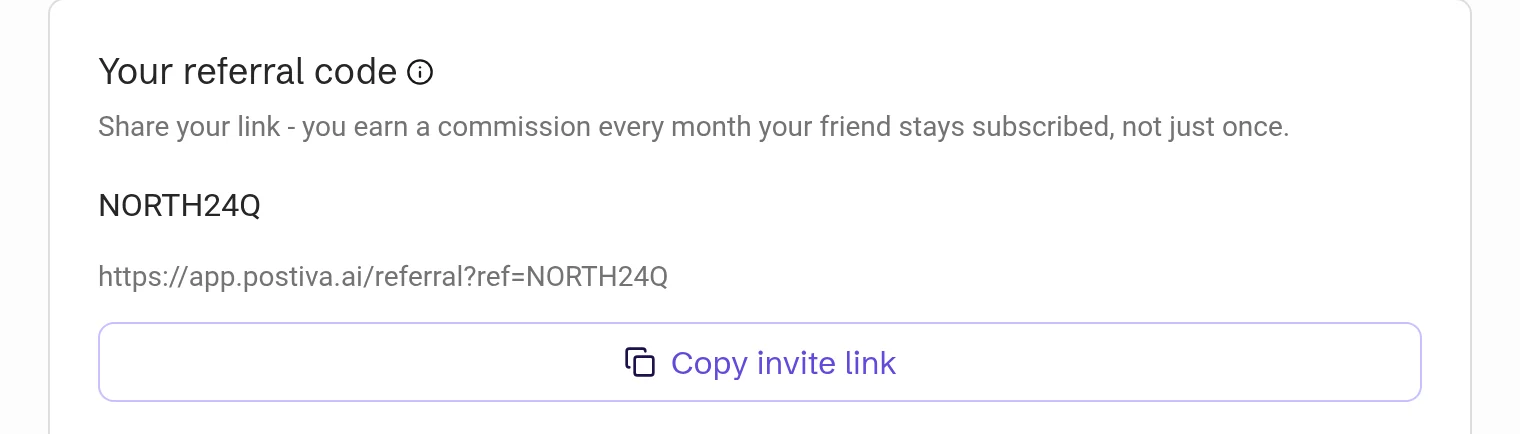Your referral code with the code, the invite link and Copy invite link