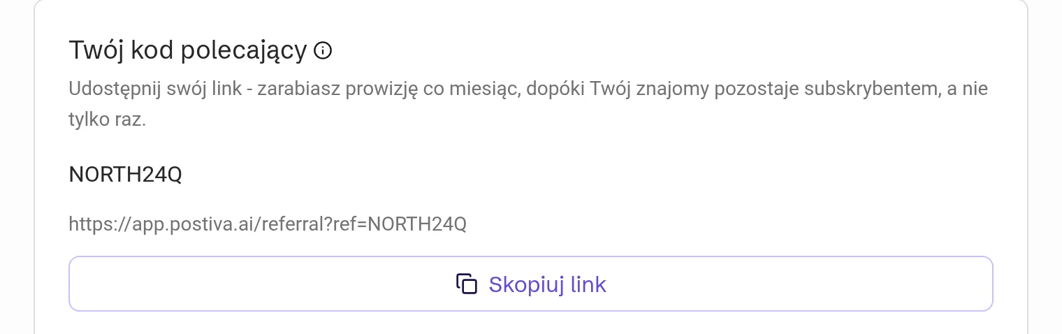 Twój kod polecający z kodem, linkiem i przyciskiem Skopiuj link