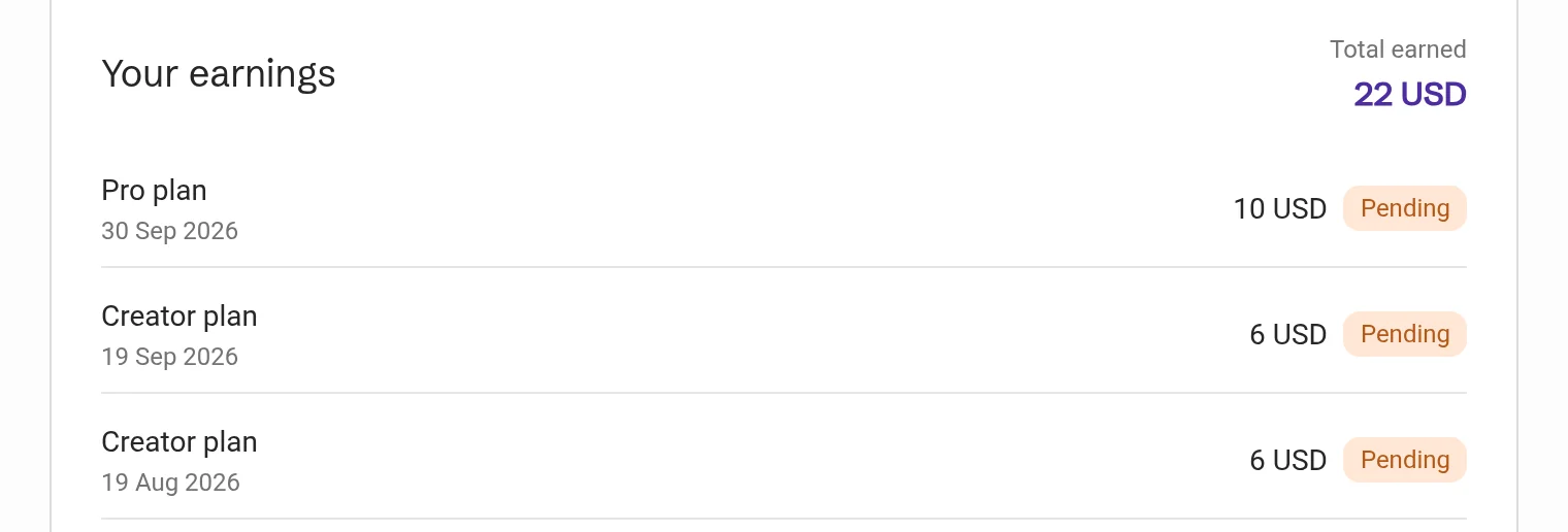 Your earnings: Total earned and three Pending payments