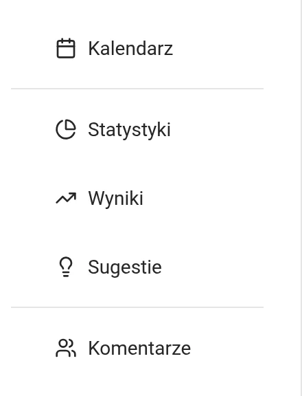 Menu boczne ze Statystykami, Wynikami i Sugestiami pod Kalendarzem