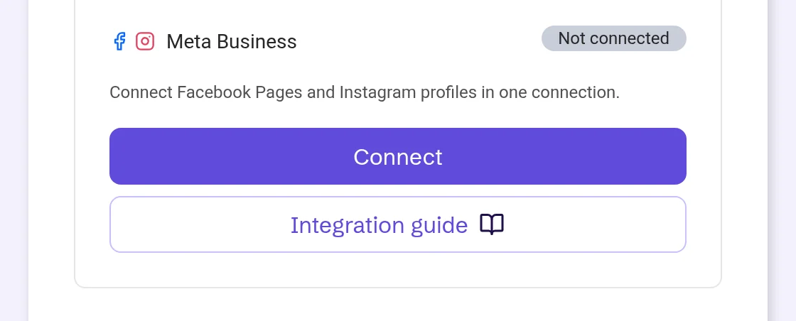 Meta Business card, not connected, with Connect and Integration guide