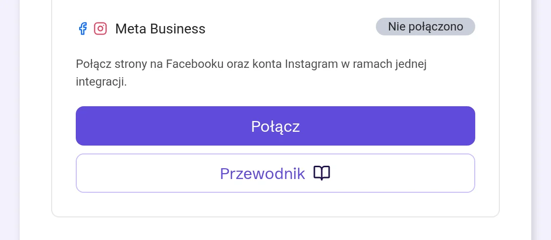 Karta Meta Business, niepołączona, z przyciskami Połącz i Przewodnik