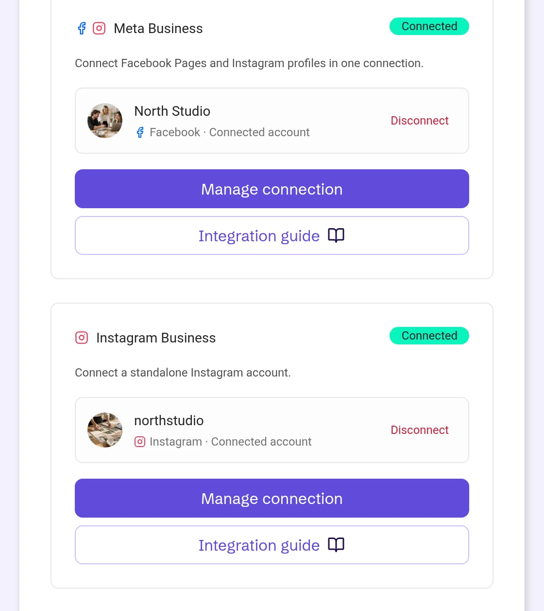 Meta Business and Instagram Business cards, both connected