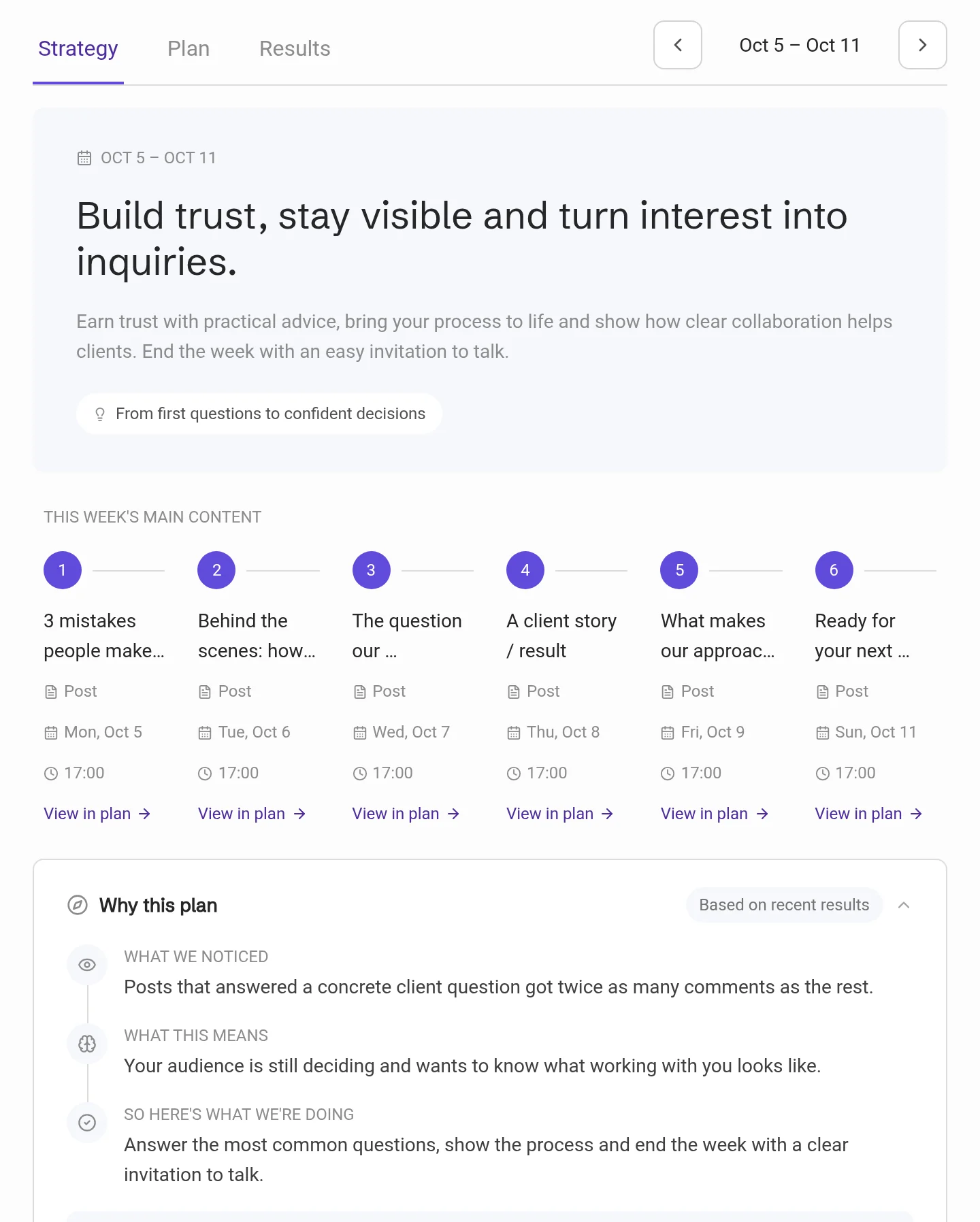 Strategy tab with the goal, the week’s main content and Why this plan open