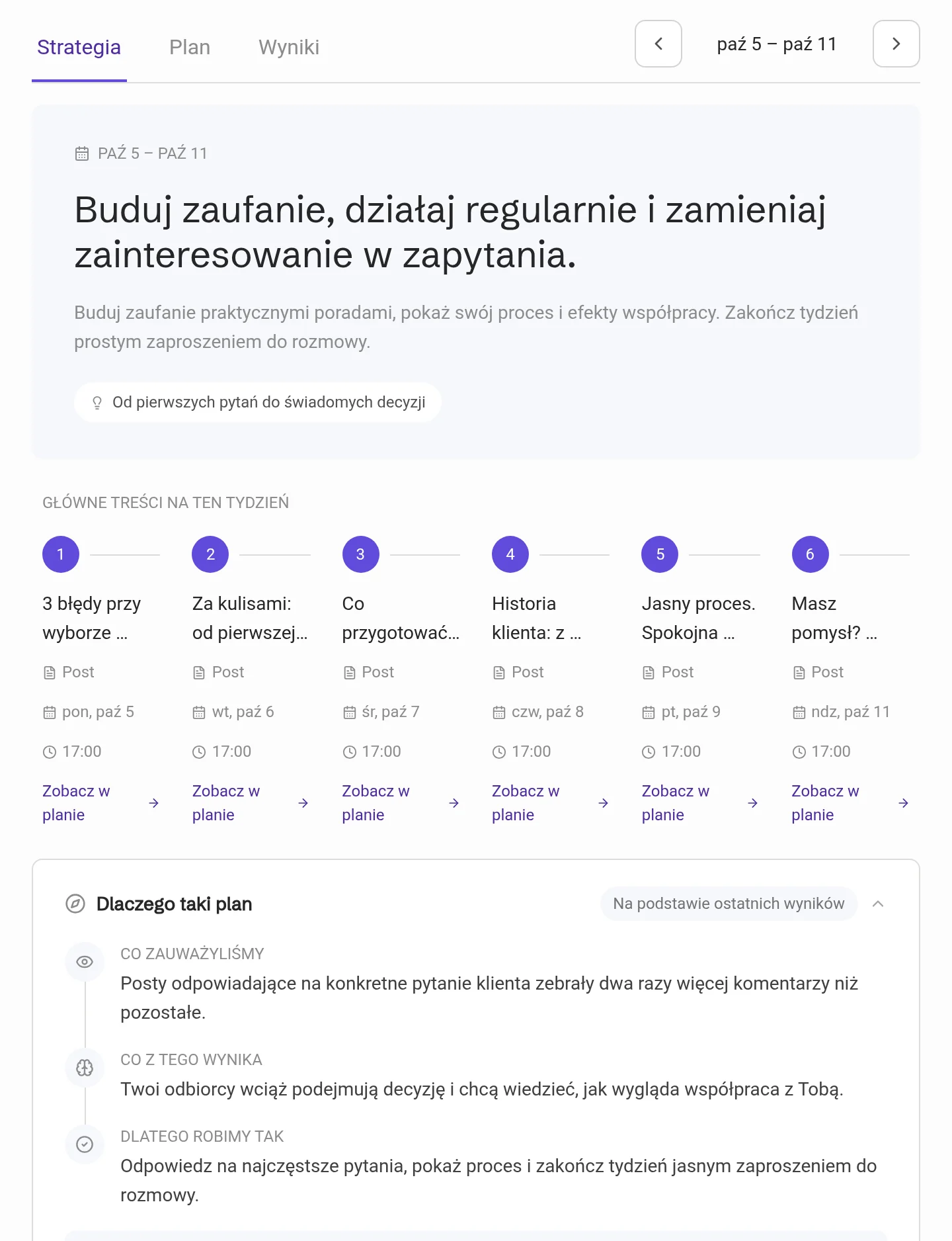 Karta Strategia z celem, głównymi treściami tygodnia i otwartą sekcją Dlaczego taki plan