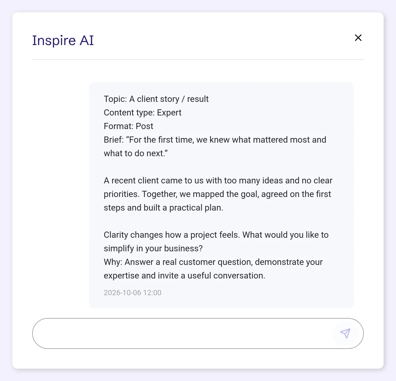 Inspire AI opened from the plan with the day’s brief already sent