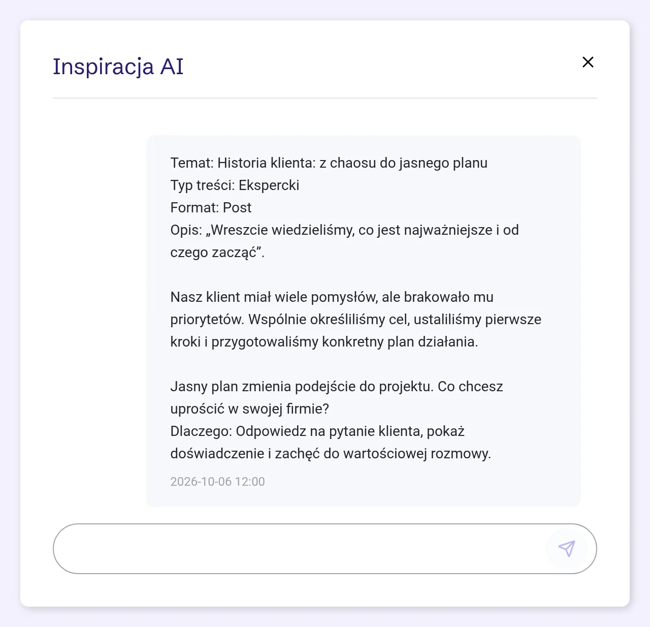 Inspiracja AI otwarta z planu z już wysłanym briefem dnia