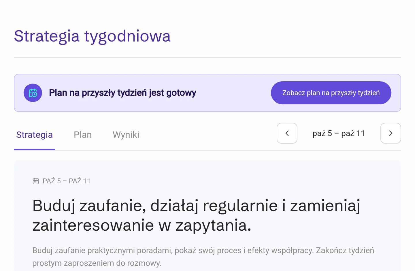 Baner o gotowym planie na przyszły tydzień nad przełącznikiem tygodni