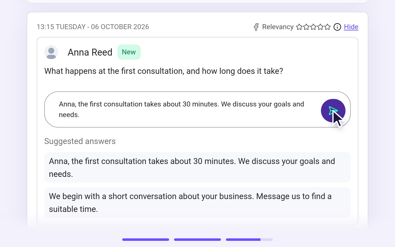 Comments in POSTIVA: a hidden abusive comment and a suggested reply ready to send