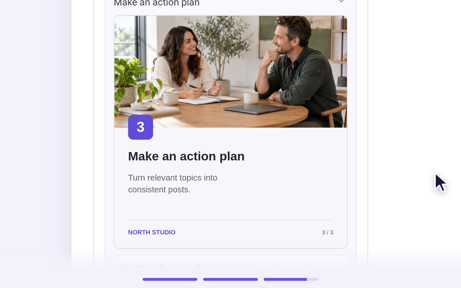 Carousel slide 3 of 3, “Make an action plan”, with a photo of two people talking at a table
