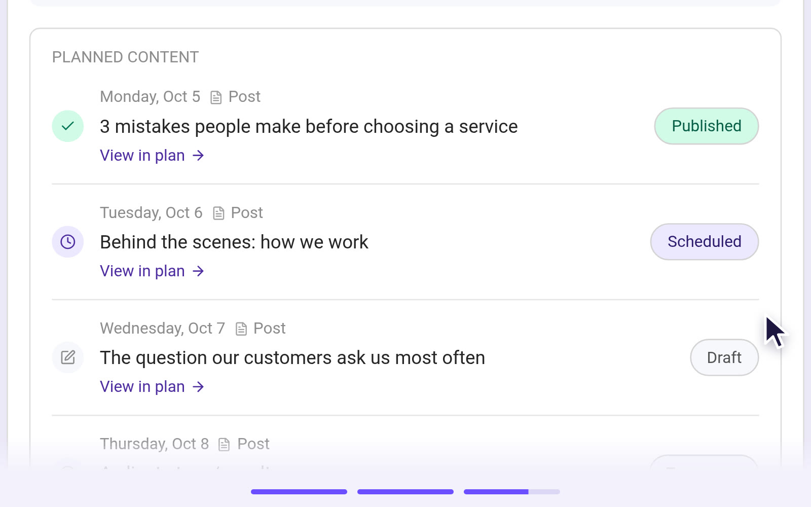 Planned content in the Results tab: Monday published, Tuesday scheduled, Wednesday a draft